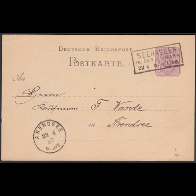 1887 SEEHAUSEN IN DER ALTMARK R3 5 Pfg. Ganzsachenkarte nach Arendsee (31466
