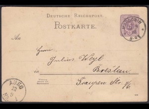 1888 MARGONIN K1 5 Pfennig Ganzsachenkarte nach BRESLAU (31480