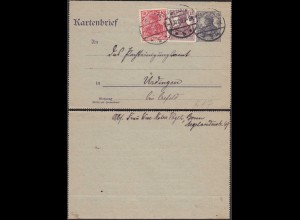 Kartenbrief 1920 Ganzsache K17 15 Pfg. m.Zusatzfrankatur Bonn - Ürdingen (31487