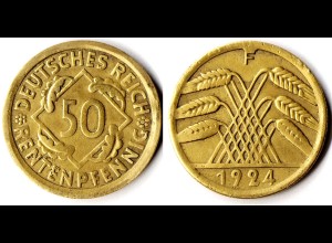 GERMANY 50 Rentenpfennig 1924 F Weimar Coin Jaeger No. 310 (r674