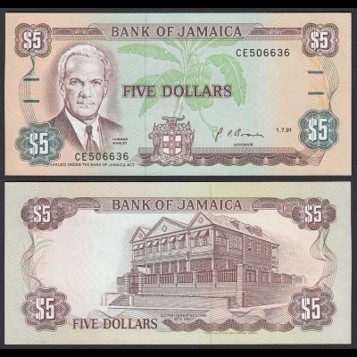 JAMAIKA - JAMAICA 5 Dollars Banknote 1991 Pick 70d aUNC (1-) (21527