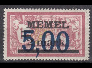 Memel 1922 Mi.51 Freimarke Frankreich Aufdruck 5,00 auf 2 M auf 1 Fr.mit Falz MH