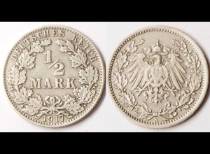 1/2 Mark Kaiserreich EMPIRE 1917 A Silber Jäger 16 (r850