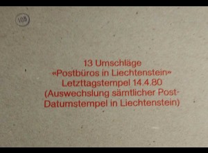 Liechtenstein 14.04.80 13 Postbüro Umschläge Letztag Stempel Wechsel (23267