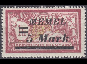 Memel 1922 Mi.69 Freimarken Aufdruck 5 M. auf 1 Fr. mit Falz MH (70435