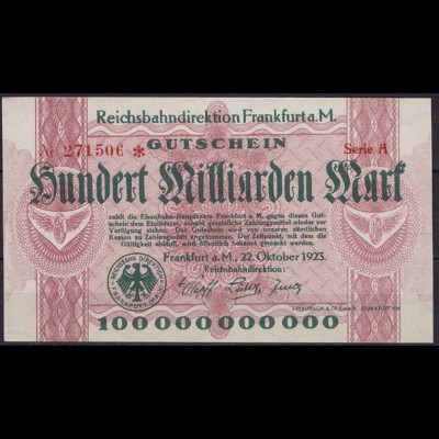Reichsbahn Frankfurt Main 100 Milliarden Mark 1923 aUNC (1-) (ca742