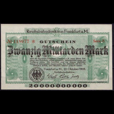 Reichsbahn Frankfurt Main 20 Milliarden Mark 1923 aUNC (1-) (ca739