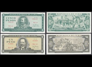 Kuba - Cuba - 1 + 5 Pesos Banknoten aus 1988 UNC (1) Pick 102d + 103d (31952
