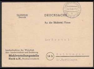 HORB am Neckar 1946 Gebühr bezahlt auf Postkarte nach Kolbingen (20585