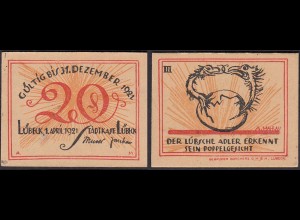 LÜBECK 1921 20 Pfennig Notgeld Gutschein Doppelgesicht (32269
