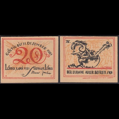 LÜBECK 1921 20 Pfennig Notgeld Gutschein Adler befreit (32270