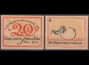 LÜBECK 1921 20 Pfennig Notgeld Gutschein Adlers erster Kopf (32320