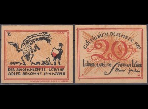 LÜBECK 1921 20 Pfennig Notgeld Gutschein Adler bekommt sein Wappen (32321