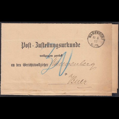 WARENDORF Gerichtsvollzieher Post-Zustellungsurkunde 1883 nach Buer (32399