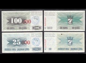 BOSNIEN - HERZEGOVINA 25- + 100 tausend Dinara 15.10.1993 Pick 54f +56f VF+ 