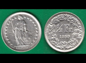 Schweiz - Switzerland 1/2 Franken 1959 SILVER Silber COIN (32459