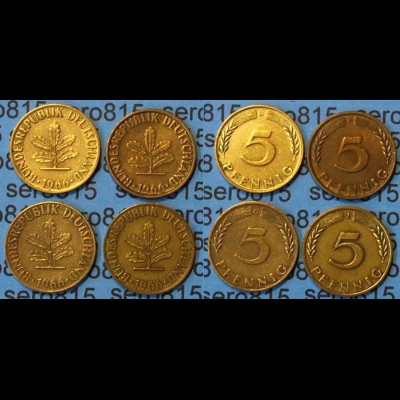 5 Pfennig complete set year 1966 all Mintmarks (D,F,G,J) Jäger 382 (463