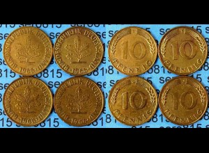 10 Pfennig complete set year 1966 all Mintmarks (D,F,G,J) Jäger Nr. 383 (475