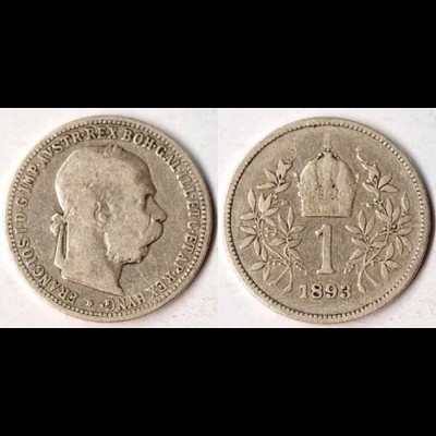 Österreich - Austria-Hungary 1 (Krone) Silber Münze 1893 Franz Joseph I. (098