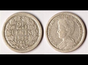 Niederlande - Netherlands - NEDERLAND 25 Cent 1919 Silber Münze (089