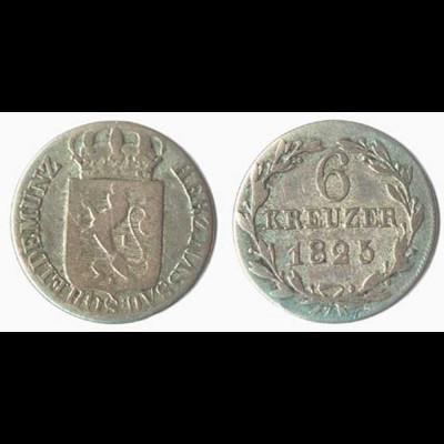 Herzogtum Nassau 6 Kreuzer Silber Münze 1825 Wilhelm 1816-1839 (156