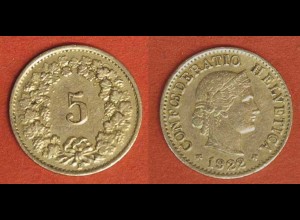 Schweiz - Switzerland 5 Rappen Münze 1922 (566