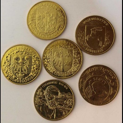 Polen - Poland 6 Stück verschiedene á 2 Zloty Münzen aus 2004 bfr. (m583