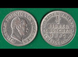 Brandenburg-Preussen 1/2 Silbergroschen 1867 B Wilhelm I. 1861-1888. (32536