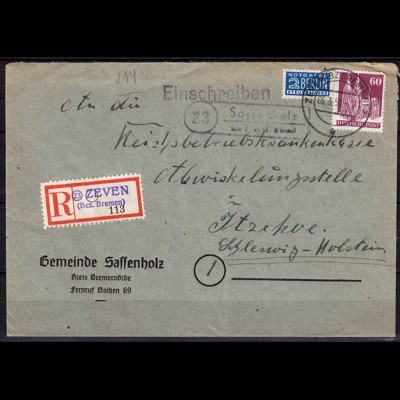 R-Brief Posthilfstelle Sassenholz über Zeven (Bremen) m. Not-R-Zettel 1951 (6073