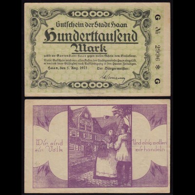 Rheinland - Haan 100 tausend Mark 1923 Notgeld/Gutschein Wir sind ein Volk(15378