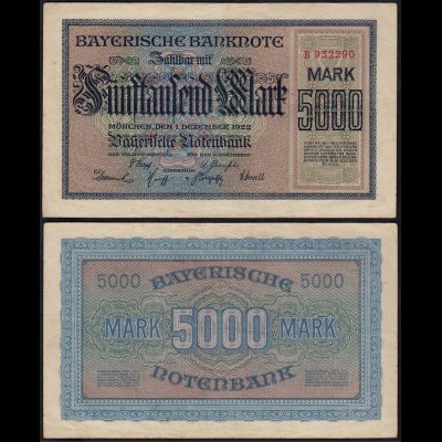 Bayern - Bavaria - 5000 Mark Banknote Notenbank Notgeld 1-12-1922 VF (14834