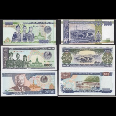 Laos - Lao 1000, 1000 + 2000 Kip Banknoten 1997/2008 UNC (14827