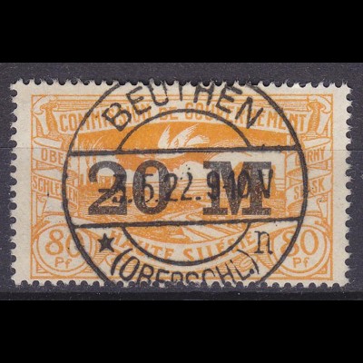 Oberschlesien Beuthen 20 M auf 80 Pfg. schöner Vollstempel auf Mi. 43 (10795