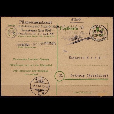Gebühr bezahlt Reichspost Kiel-Ochtrup Pflanzenschutz 1946 (6798