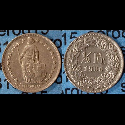 Schweiz - Switzerland 1/2 Franken 1950 SILVER Silber COIN (7016
