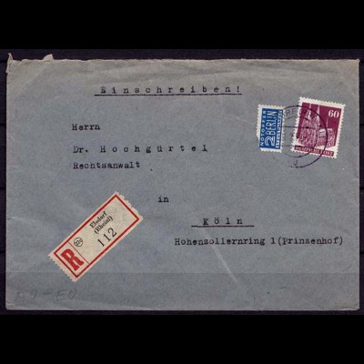 Elsdorf R-Brief Bauten 60 Pf Einzelfrankatur 1951 (7567