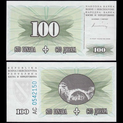 Bosnia & Herzegovina - 100 Dinara Banknote 1994 UNC Pick 44 RAR (14414