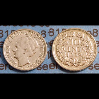 Niederlande NEDERLAND 10 Cent Silber 1939 (b478