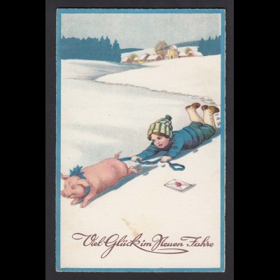 AK Litho Neujahr Neues Jahr Kinder Schwein Eis Schnee (16697