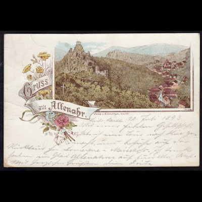 AK Frühes Litho aus Altenahr 30.7.1893 nach Kreuznach selten (17153