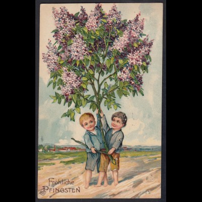 AK Frohe Pfingsten 1912 Prägedruck Kinder Blumen Flieder (17477