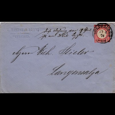 DR Deutsches Reich Nordhausen nach Langensalza 29-4-1874 1 Gr. Brief Vollstempel