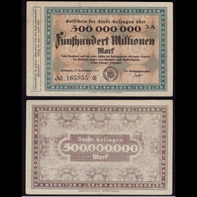 Rheinland - Solingen 500 Millionen Mark 1923 umlaufsfähiges Notgeld Reg.Bz(15362