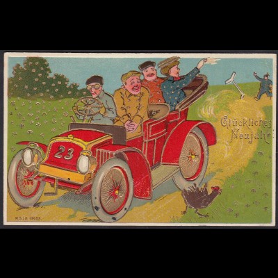 AK Glückliches Neujahr 1910 Prägedruck Auto Golddruck (17473