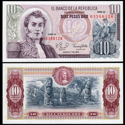 KOLUMBIEN - COLOMBIA 10 Pesos Oro 1980 UNC Serie AZ Pick 407h (14261