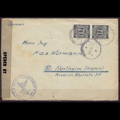 Alliierte Besatzung Brief 1946 nach Northeim US Censorship 20698 (10309