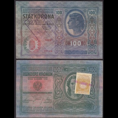 Österreich/Ungarn 100 Kr. Jugoslawien ex Staaten mit Briefmarke und Stempel 