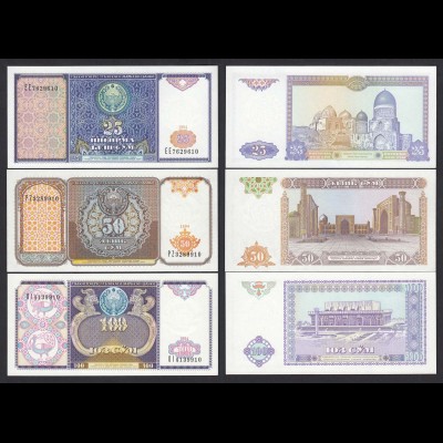 USBEKISTAN - UZBEKISTAN 25, 50, 100 Sum Banknote 1994 Pick 77/79 UNC