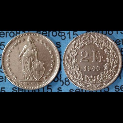 Schweiz Switzerland 2 Fr. 1940 Silber SILVER COIN (602