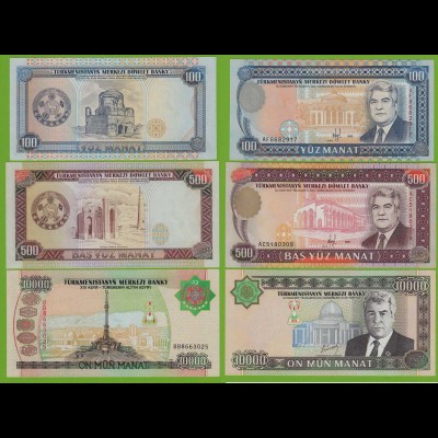 Turkmenistan - 100, 500, 10000 Manat Banknoten 1995/2003 UNC (18205